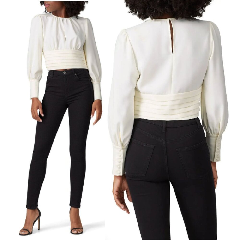 AMANDA UPRICHARD Samira Top Ivory Crepe Cropped Pleated Puff Sleeve Size XS